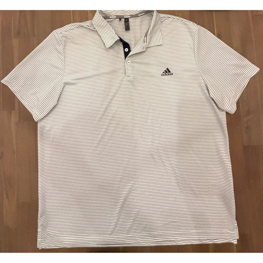 Adidas Golf Polo‎ Shirt Men's 2XL White Blue Stripe Short Sleeve Performance